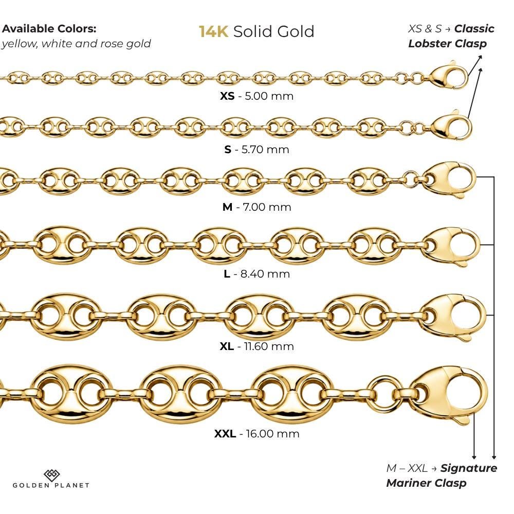Size chart for the 14K gold puffed mariner link chain bracelet showing size and weight