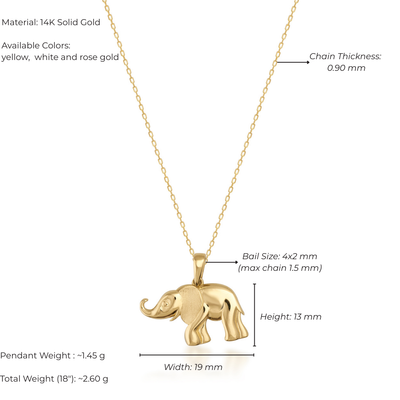 Gold elephant pendant necklace with detailed specifications on a white background