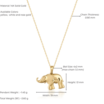 Gold elephant pendant necklace with detailed specifications on a white background