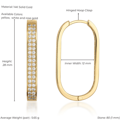 Rectangular 14K solid gold hoop earring with pave-set stones, hinged clasp, 28mm height.