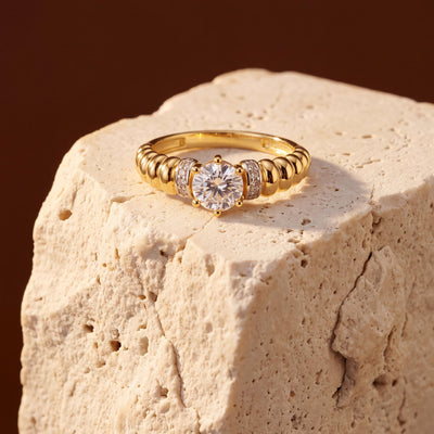 14K gold ribbed band ring, styled view