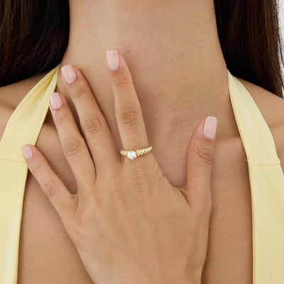 14K gold ribbed band ring, styled view