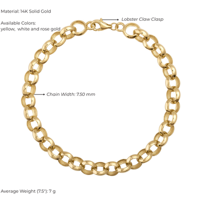 14K Solid Gold Rolo Chain Bracelet – Chunky Bold Link Statement Dainty Gold Bracelet