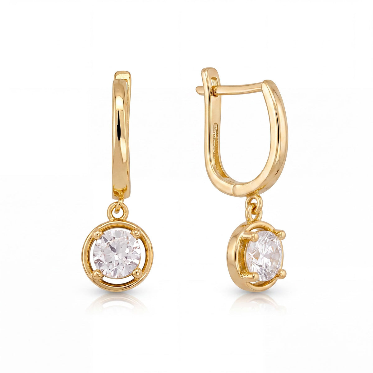 14K gold round cz solitaire drop hoop earrings, product photo