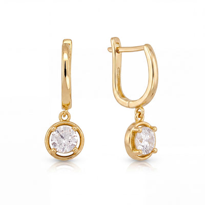 14K gold round cz solitaire drop hoop earrings, product photo