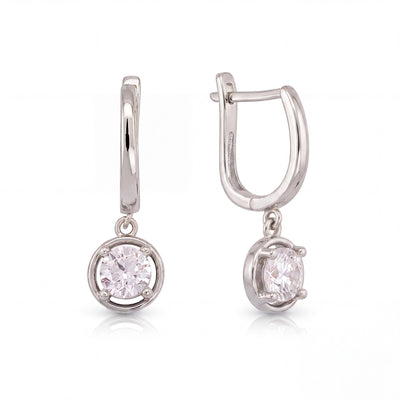 14K gold round cz solitaire drop hoop earrings, product photo