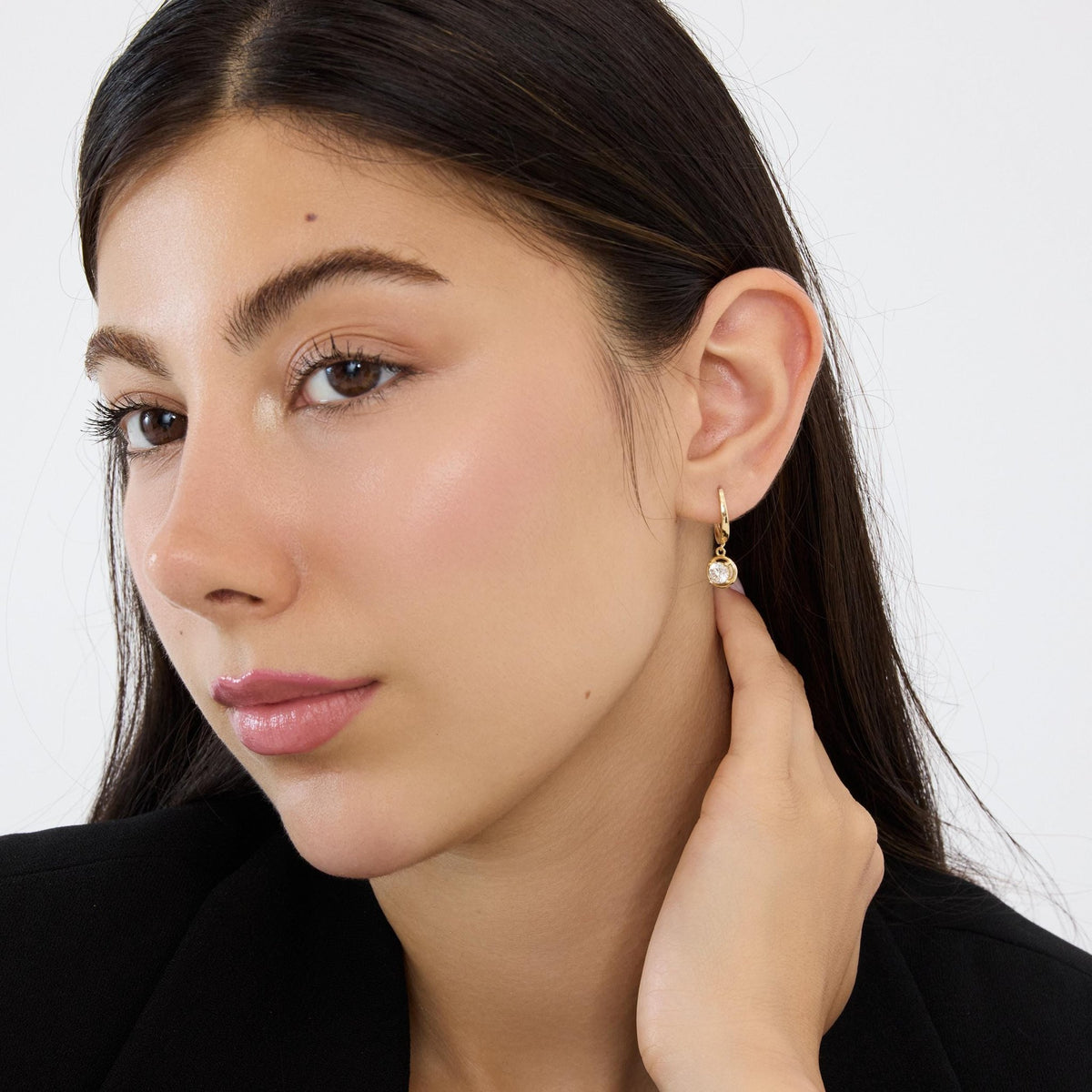 14K gold round cz solitaire drop hoop earrings, styled view