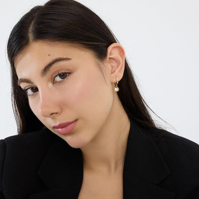 14K gold round cz solitaire drop hoop earrings, styled view