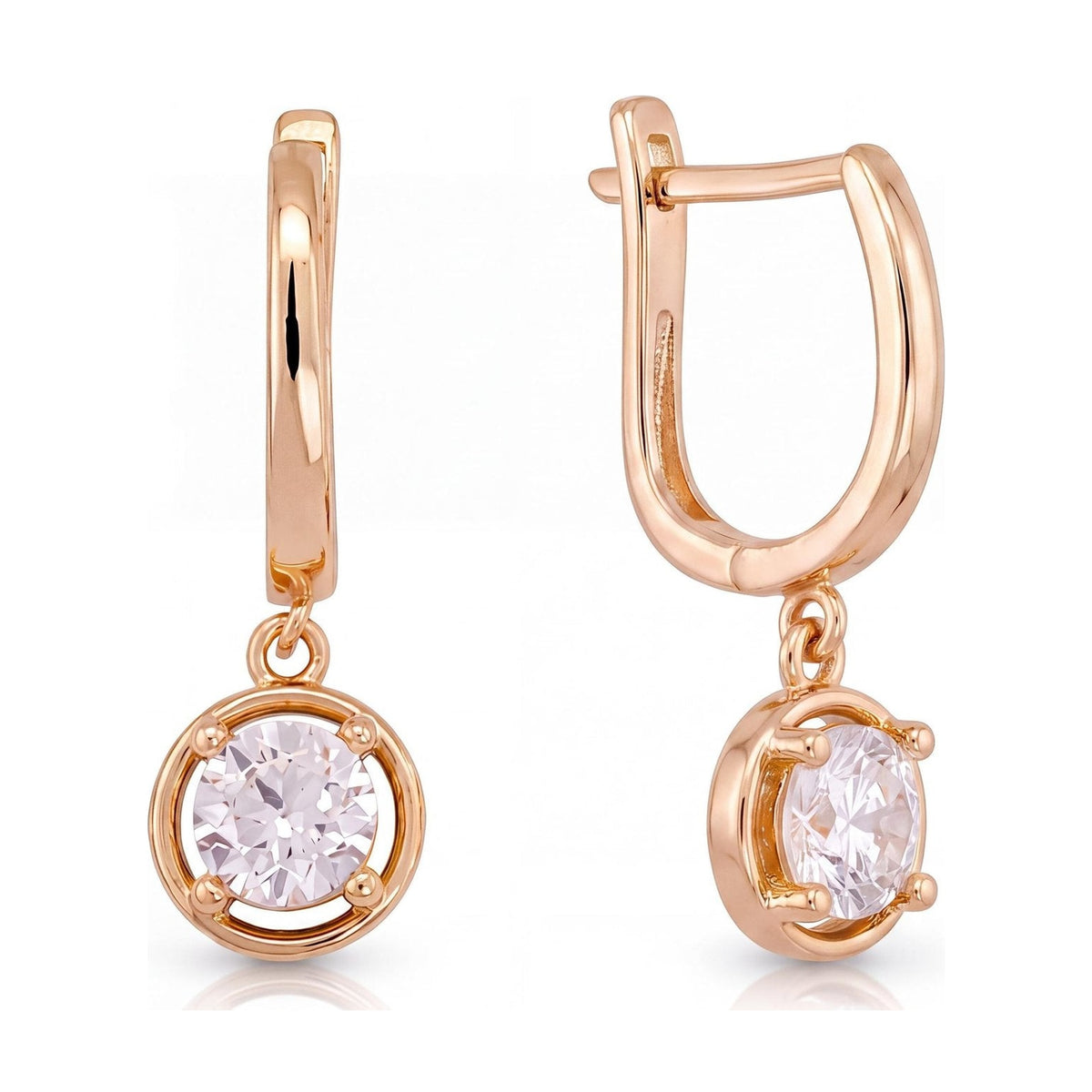 14K rose gold round CZ solitaire drop hoop earrings, latch-back hoops with a framed round CZ drop, on white
