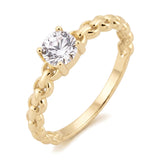 14K yellow gold round CZ solitaire ring, four-prong round CZ on a chain-link style band, on white