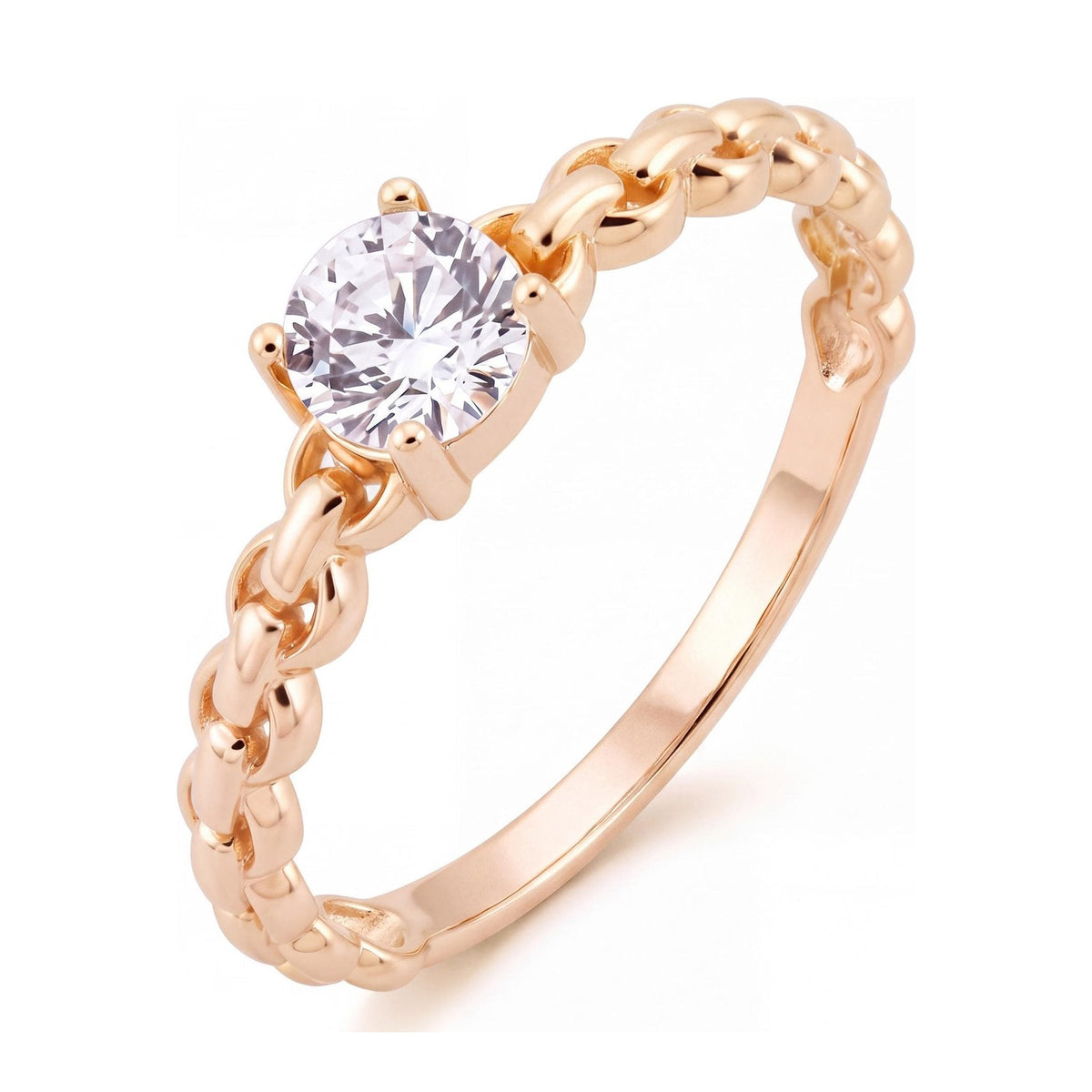 14K rose gold round CZ solitaire ring, four-prong round CZ on a chain-link style band, on white