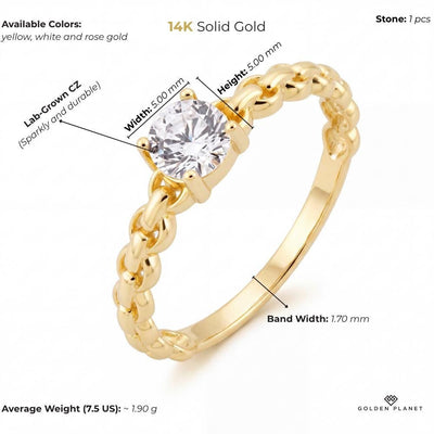 Product info graphic for 14K gold round cz solitaire ring, size and weight guide
