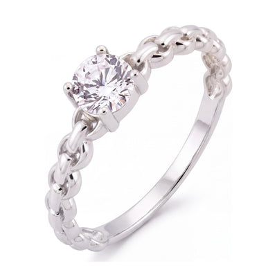 14K white gold round CZ solitaire ring, four-prong round CZ on a chain-link style band, on white