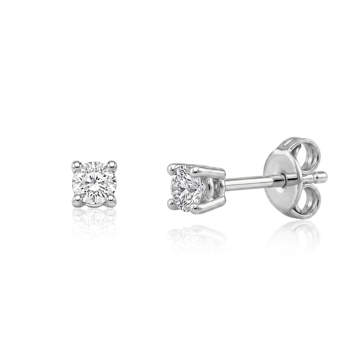 14K white gold round cubic zirconia solitaire stud earrings, front view and side view with butterfly back