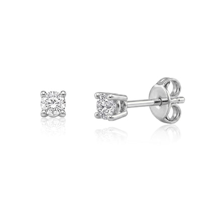 14K white gold round cubic zirconia solitaire stud earrings, front view and side view with butterfly back