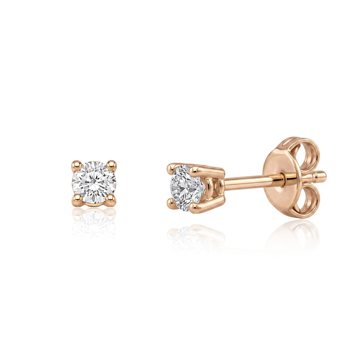 14K rose gold round cubic zirconia solitaire stud earrings, front and side view with four-prong setting