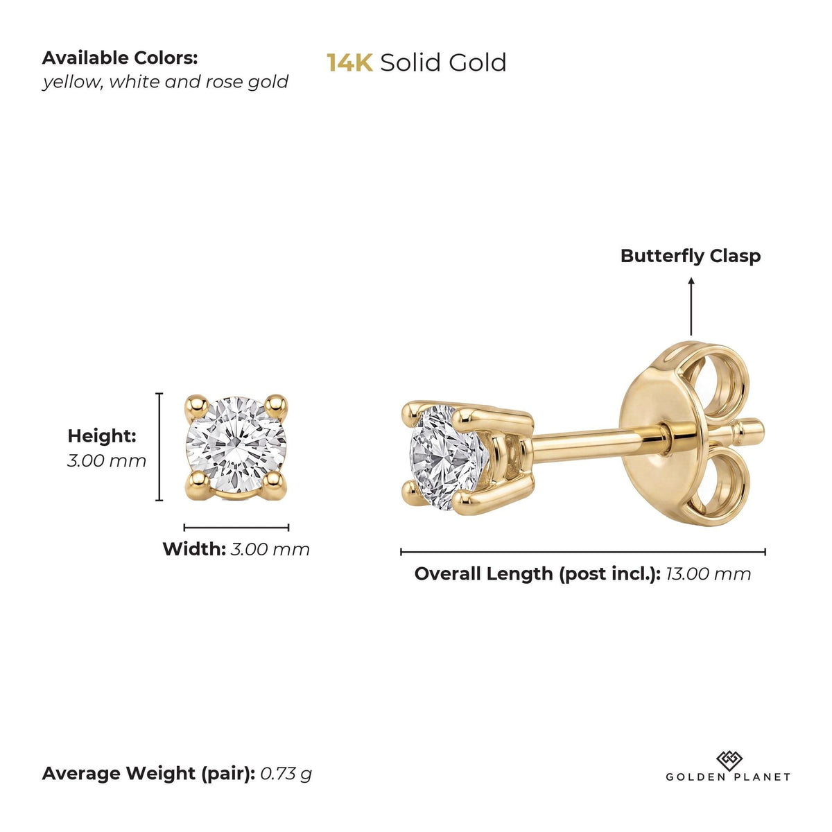 Size chart for the 14K gold round cz solitaire stud earrings showing stones, available colors, earring face, overall length