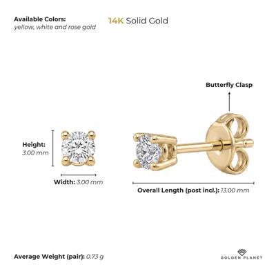Size chart for the 14K gold round cz solitaire stud earrings showing stones, available colors, earring face, overall length