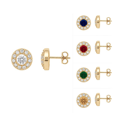 14K yellow gold round halo stud earrings on white