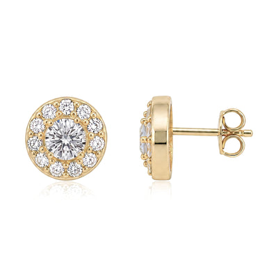 14K yellow gold round halo stud earrings with cubic zirconia, front view and side view with butterfly back