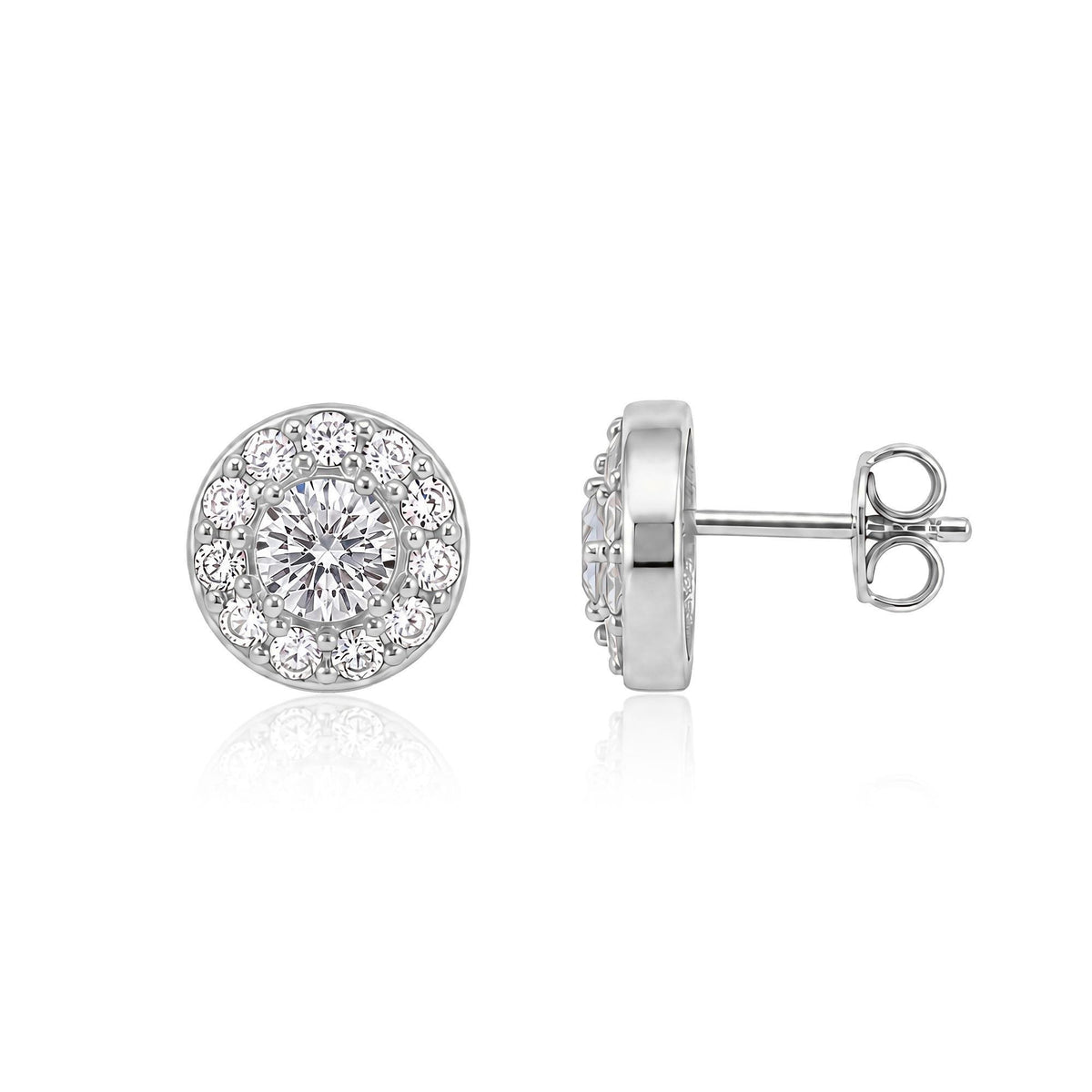 14K white gold round halo stud earrings with cubic zirconia, front view and side view with butterfly back