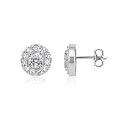 14K white gold round halo stud earrings with cubic zirconia, front view and side view with butterfly back