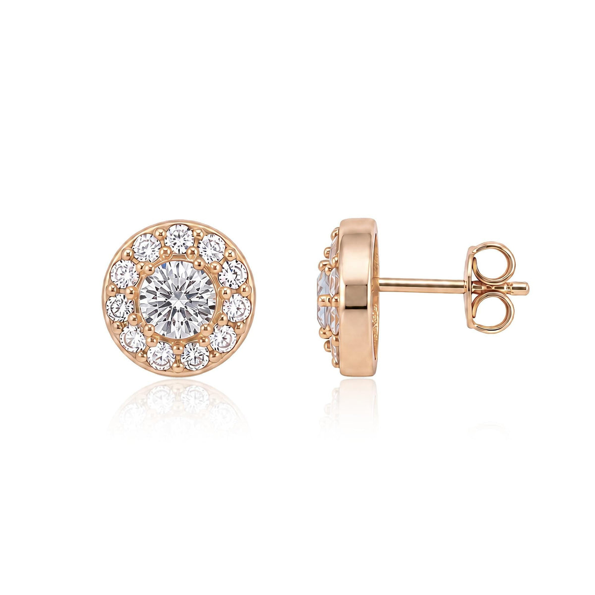 14K rose gold round halo stud earrings with cubic zirconia, front view and side view with butterfly back