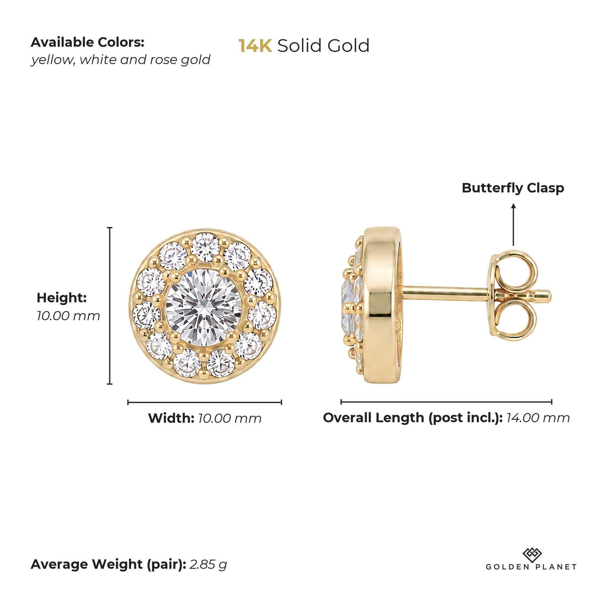 Size chart for the 14K gold round halo stud earrings showing stones, available colors, height, width, overall length