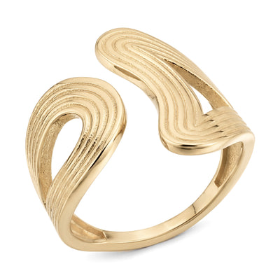 14K yellow gold sculptural open ring, ribbed wave design, flat product view