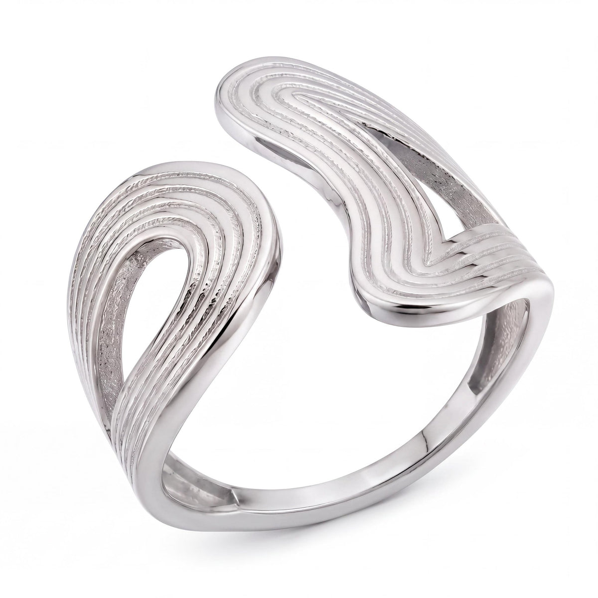 14K white gold sculptural open ring, ribbed wave design, flat product view
