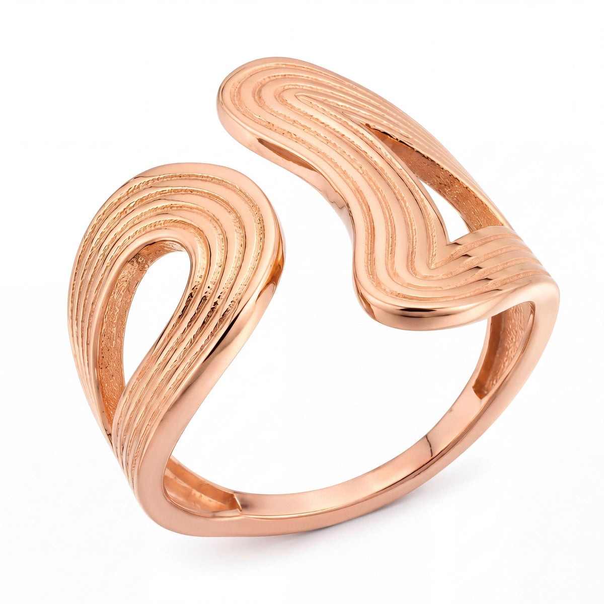 14K rose gold sculptural open ring, ribbed wave design, flat product view