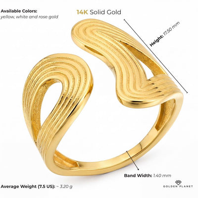 Size chart for the 14K gold sculptural open ring showing available colors, band width, height, average weight