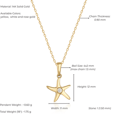 Gold starfish pendant necklace with measurements and material details on a white background
