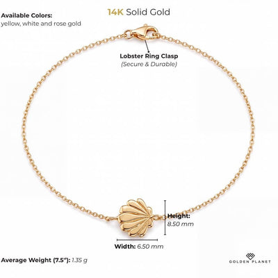 Size chart for the 14K gold seashell bracelet showing size and weight