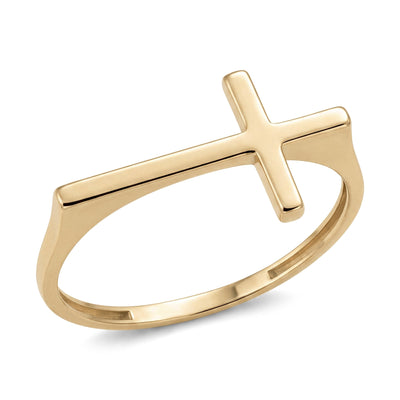 14K yellow gold sideways cross ring flat lay on plain white background