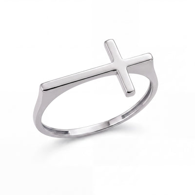 14K white gold sideways cross ring flat lay on plain white background