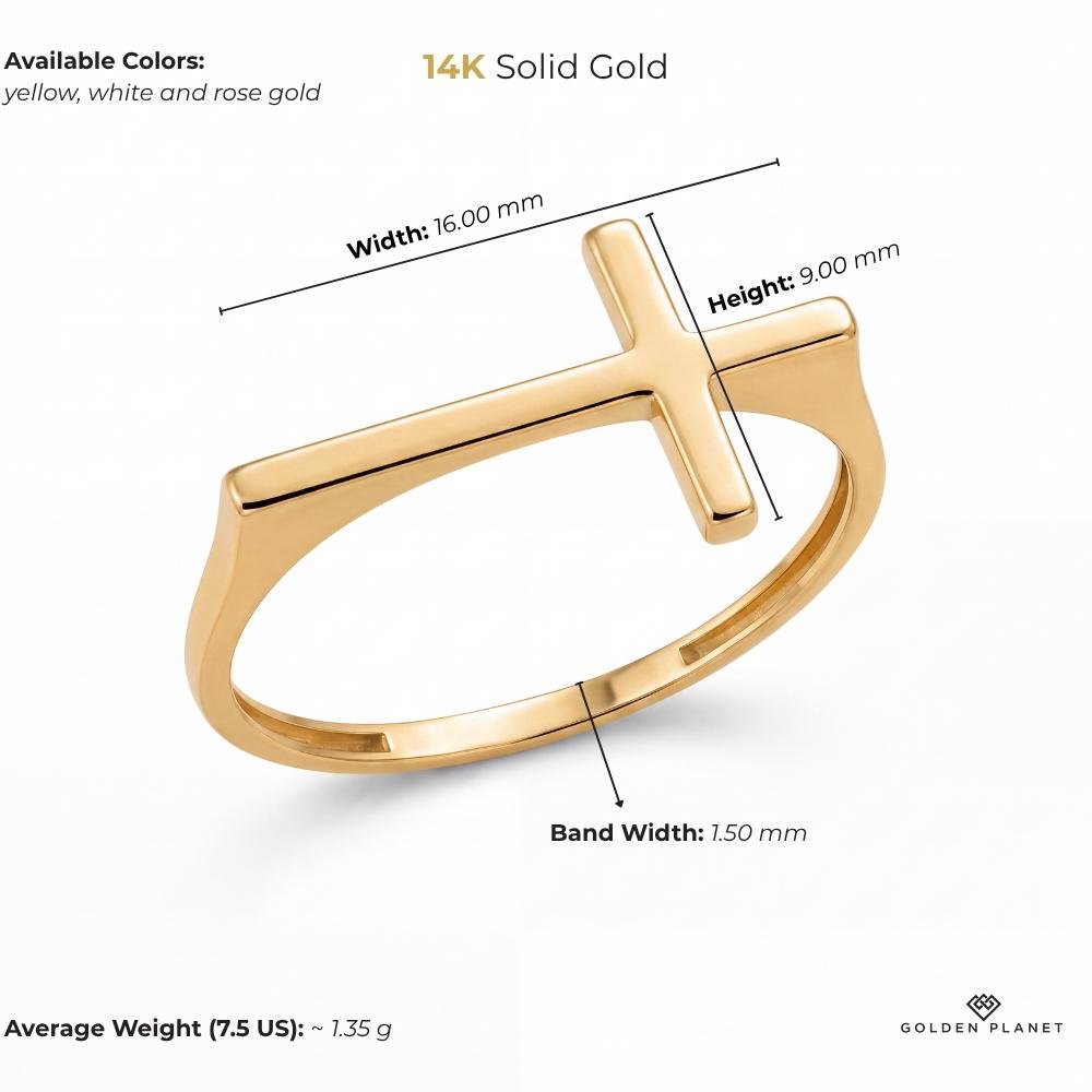 Size chart for the 14K gold sideways cross ring showing available colors, band width, height, width, average weight