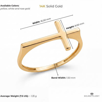 Size chart for the 14K gold sideways cross ring showing available colors, band width, height, width, average weight