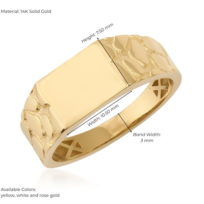 Gold ring with measurements on a white background