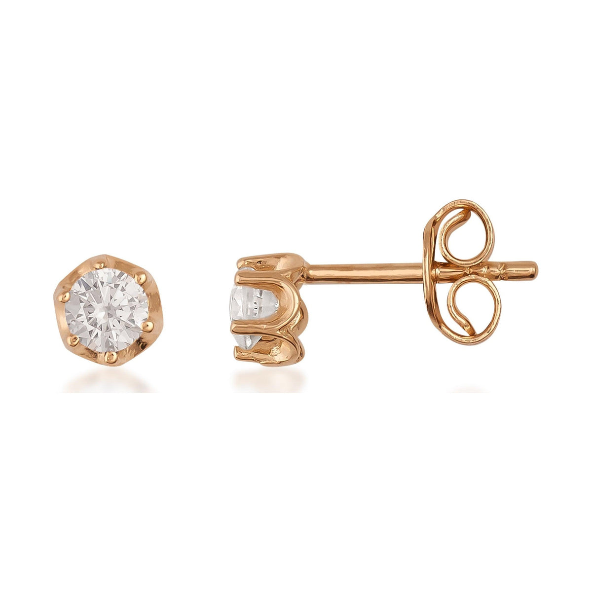 Round cubic zirconia stud earrings in 14K gold hexagon setting with butterfly backs on white background