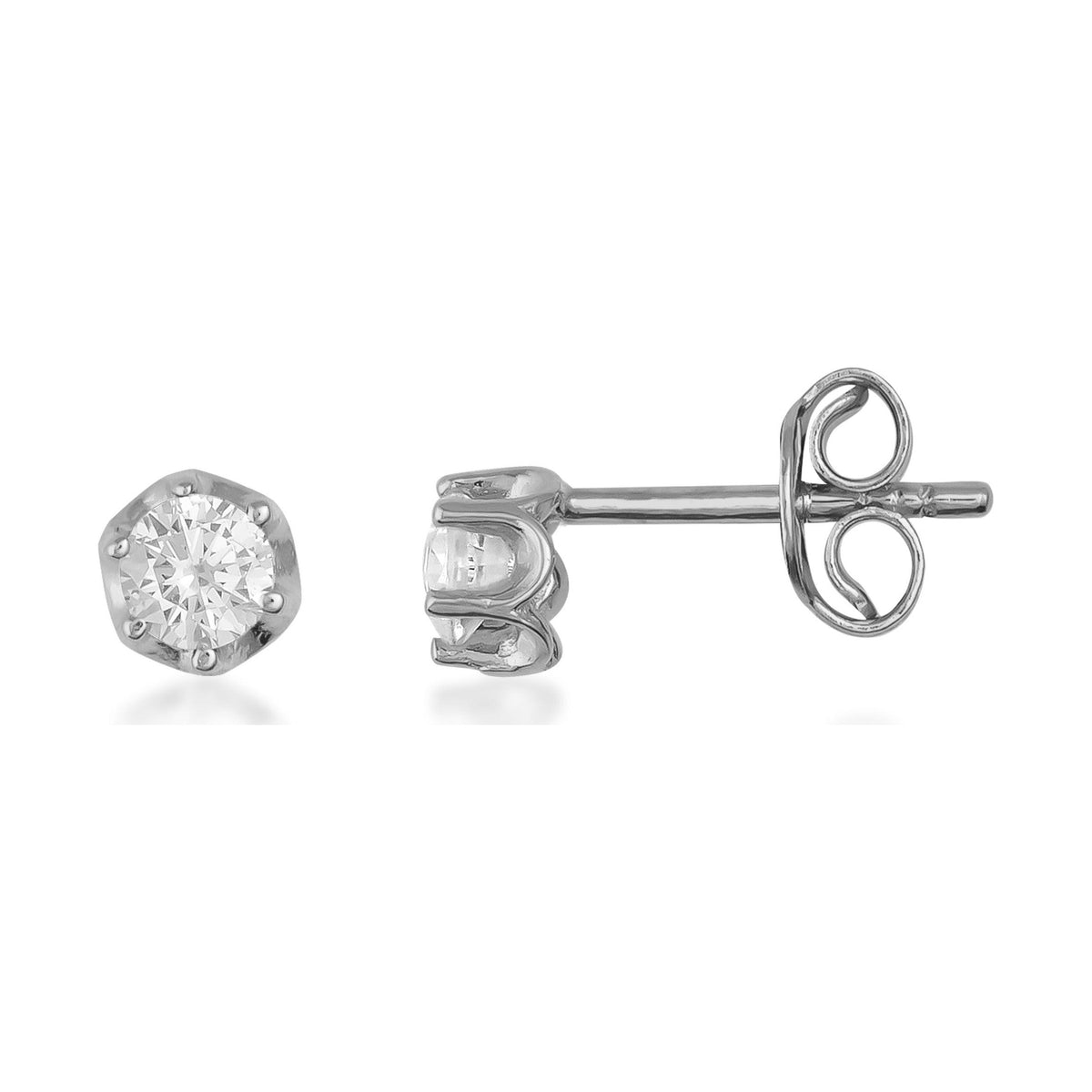 14K white gold hexagonal stud earrings with round cubic zirconia center on white background