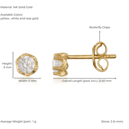 Gold stud earrings with butterfly clasp on a white background, showing measurements and material details.