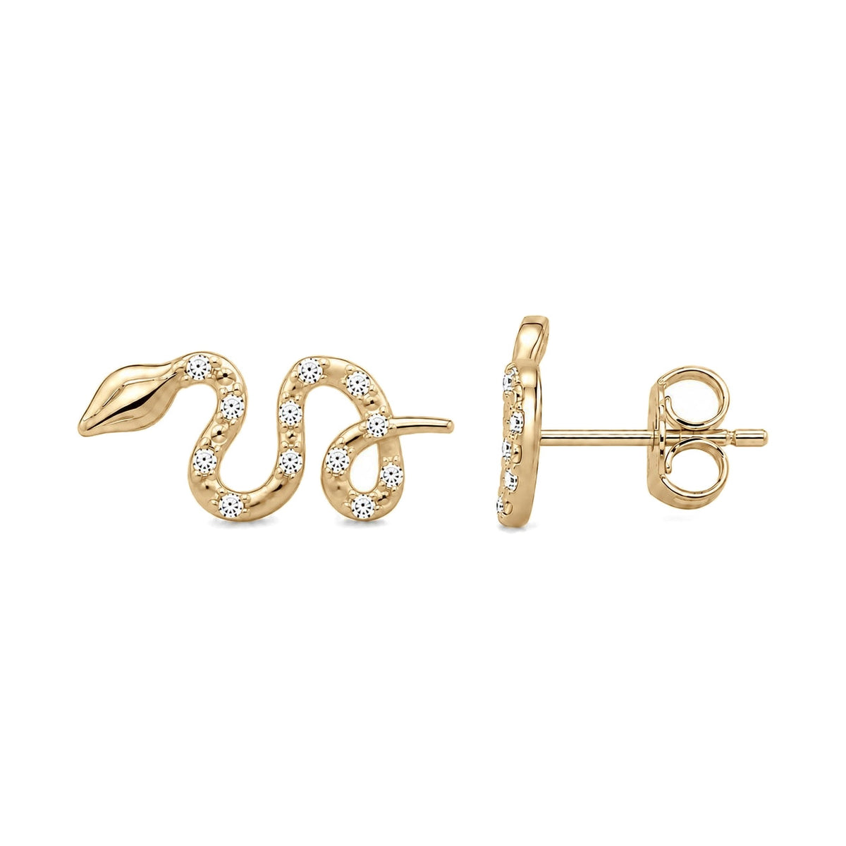 14K yellow gold snake stud earrings on white