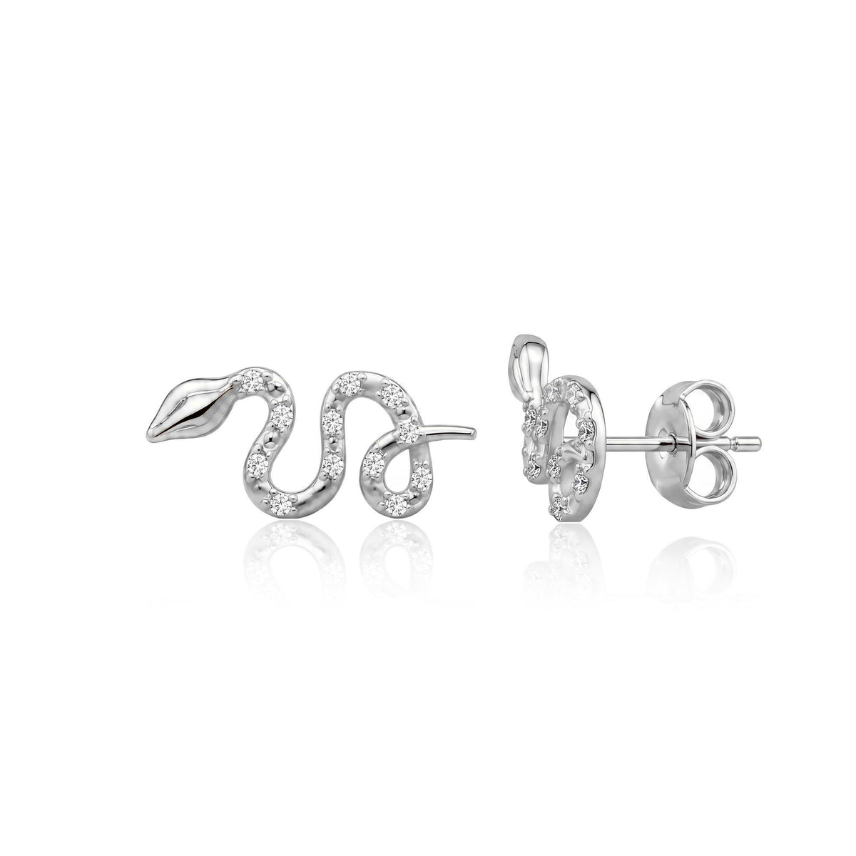 14K white gold snake stud earrings on white