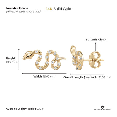 Size chart for the 14K gold snake stud earrings showing stones, available colors, height, width, overall length, closure