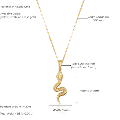 Gold snake pendant necklace with detailed specifications on a white background