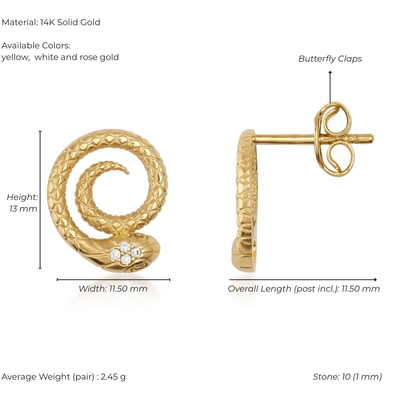 14K gold spiral snake stud earrings with diamond accents, butterfly clasp, 13mm height