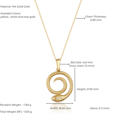 Gold necklace with pendant on a white background, showing material details and measurements.