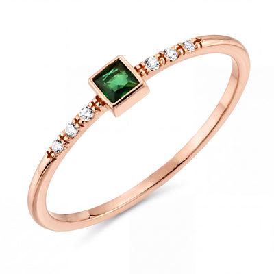 14K rose gold square simulated emerald ring with cubic zirconia shoulders on a thin band, on white