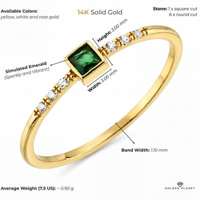 Size chart for the 14K gold square emerald-green stone ring showing stone size, band width and average weight